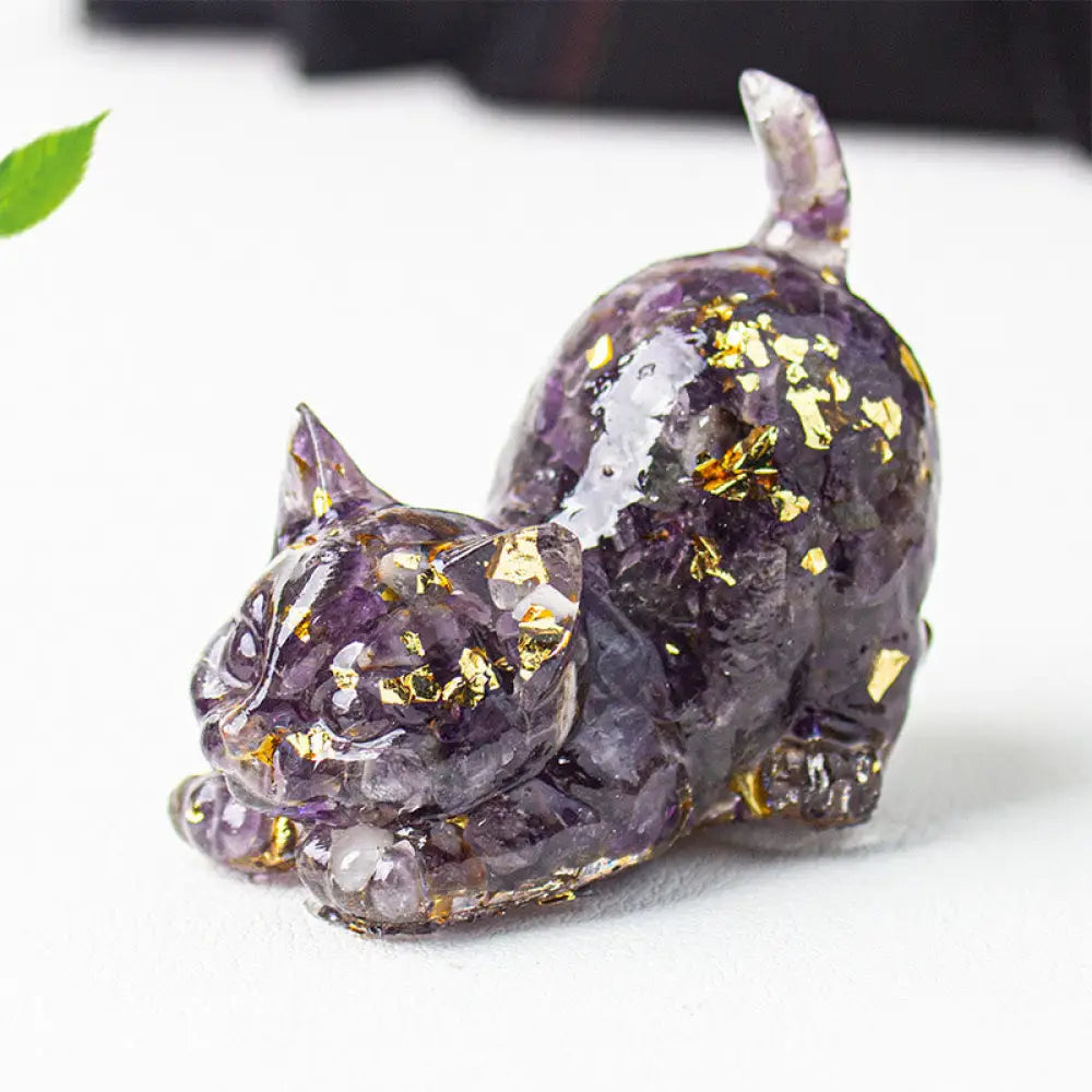 Buddha Stones Stretching Cat Resin Crystal Gravel Meditation Decoration - Amethyst / 4.5*3*4.2cm - Decorations