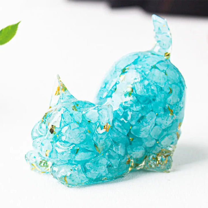 Buddha Stones Stretching Cat Resin Crystal Gravel Meditation Decoration - Aquamarine / 4.5*3*4.2cm - Decorations