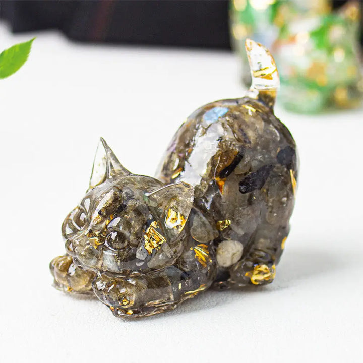 Buddha Stones Stretching Cat Resin Crystal Gravel Meditation Decoration - Black Labradorite / 4.5*3*4.2cm - Decorations