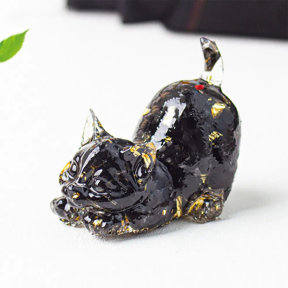 Buddha Stones Stretching Cat Resin Crystal Gravel Meditation Decoration - Black Obsidian / 4.5*3*4.2cm - Decorations