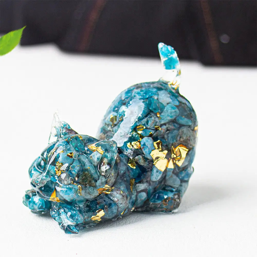 Buddha Stones Stretching Cat Resin Crystal Gravel Meditation Decoration - Blue Apatite / 4.5*3*4.2cm - Decorations