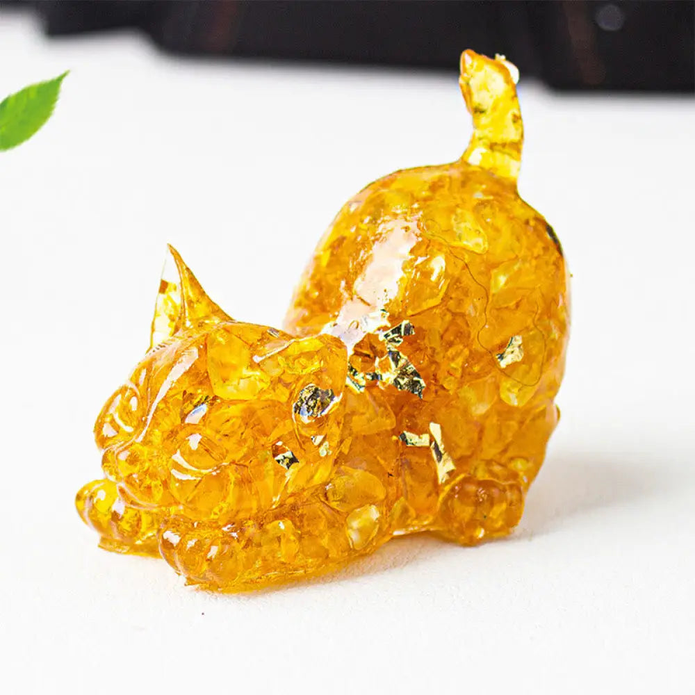 Buddha Stones Stretching Cat Resin Crystal Gravel Meditation Decoration - Citrine / 4.5*3*4.2cm - Decorations