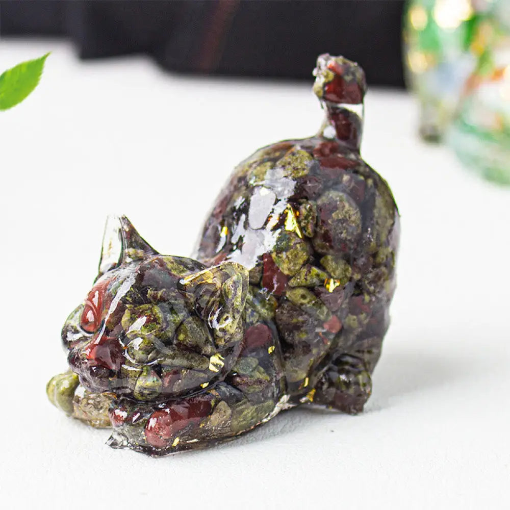Buddha Stones Stretching Cat Resin Crystal Gravel Meditation Decoration - Dragon Blood Jasper / 4.5*3*4.2cm