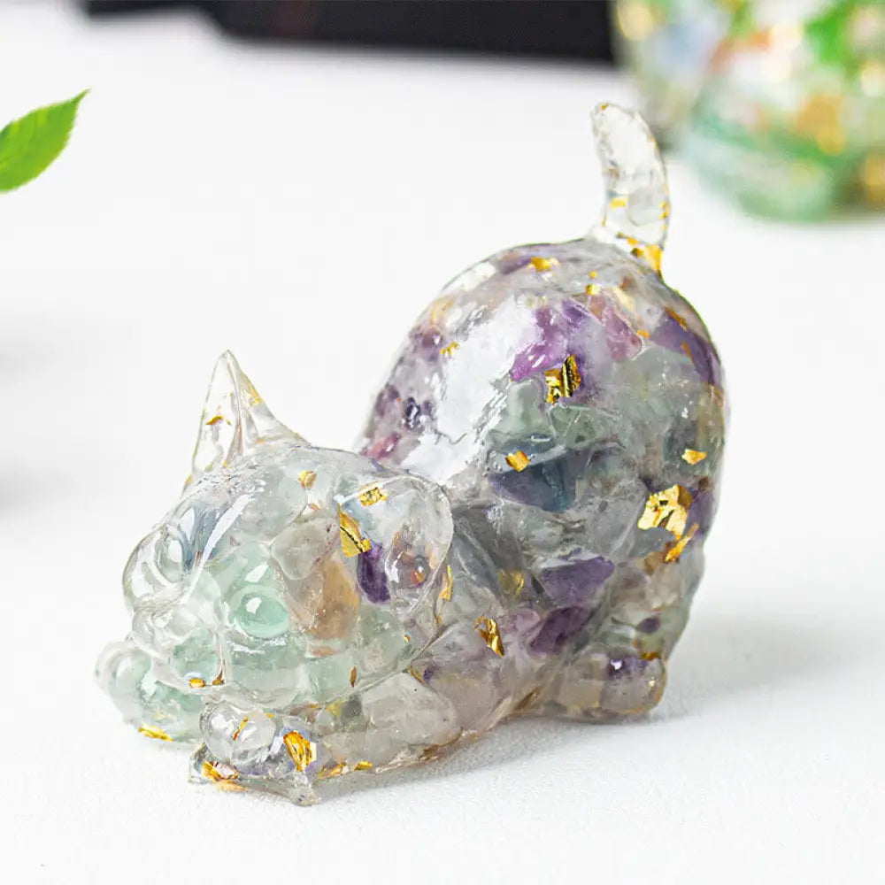 Buddha Stones Stretching Cat Resin Crystal Gravel Meditation Decoration - Fluorite / 4.5*3*4.2cm - Decorations
