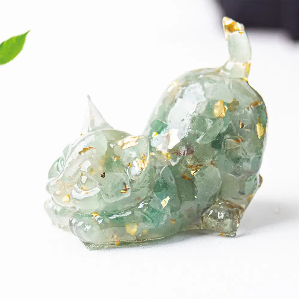 Buddha Stones Stretching Cat Resin Crystal Gravel Meditation Decoration - Green Aventurine / 4.5*3*4.2cm - Decorations