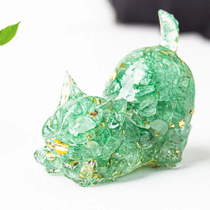 Buddha Stones Stretching Cat Resin Crystal Gravel Meditation Decoration - Green Phantom / 4.5*3*4.2cm - Decorations