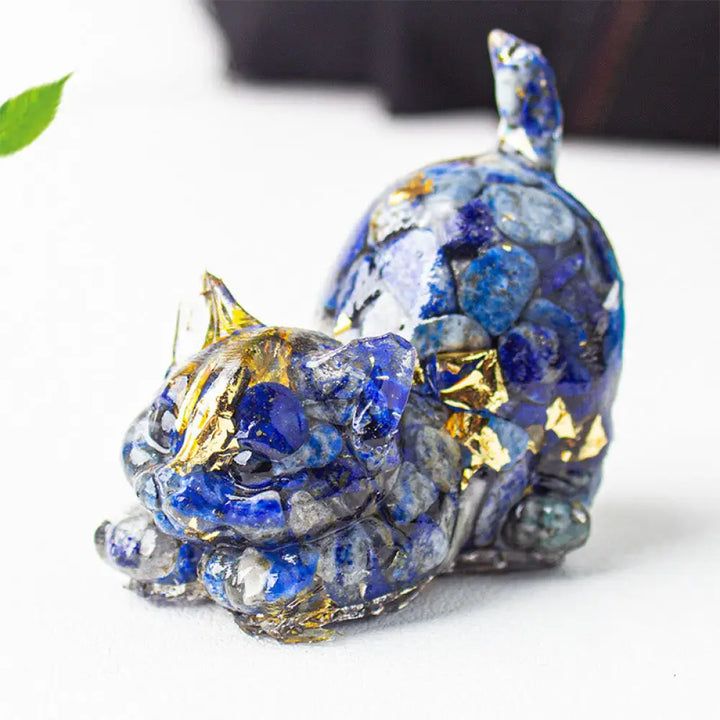 Buddha Stones Stretching Cat Resin Crystal Gravel Meditation Decoration - Lapis Lazuli (Lazurite) / 4.5*3*4.2cm