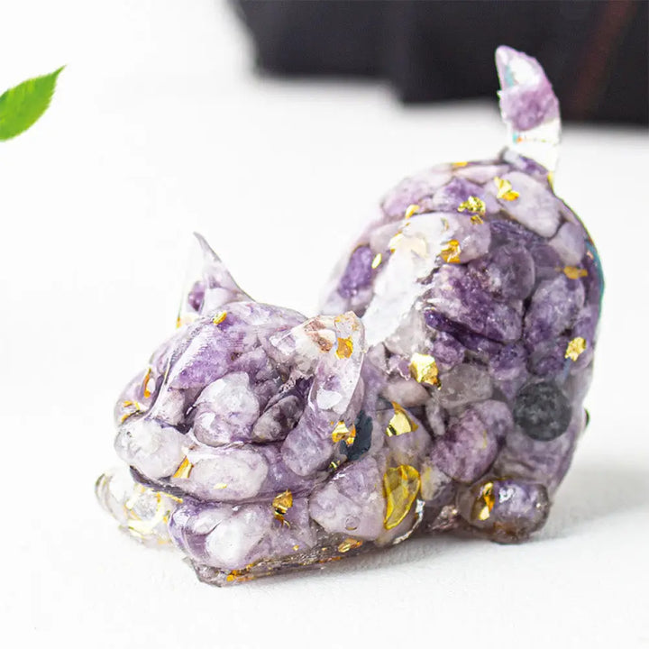 Buddha Stones Stretching Cat Resin Crystal Gravel Meditation Decoration - Lepidolite / 4.5*3*4.2cm - Decorations