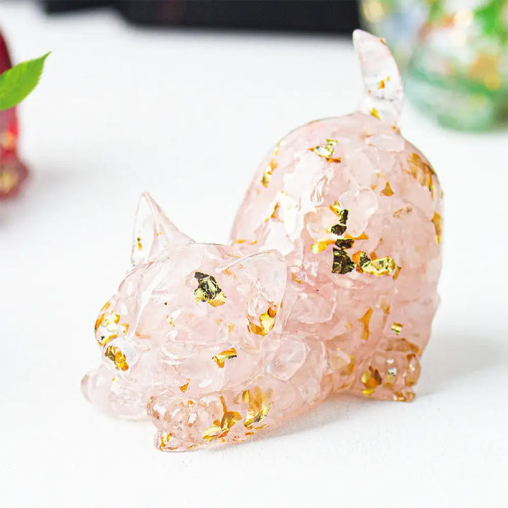 Buddha Stones Stretching Cat Resin Crystal Gravel Meditation Decoration - Pink Crystal / 4.5*3*4.2cm - Decorations
