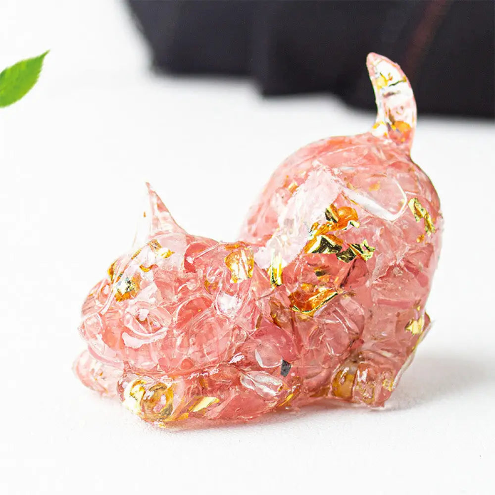 Buddha Stones Stretching Cat Resin Crystal Gravel Meditation Decoration - Pink Quartz / 4.5*3*4.2cm - Decorations