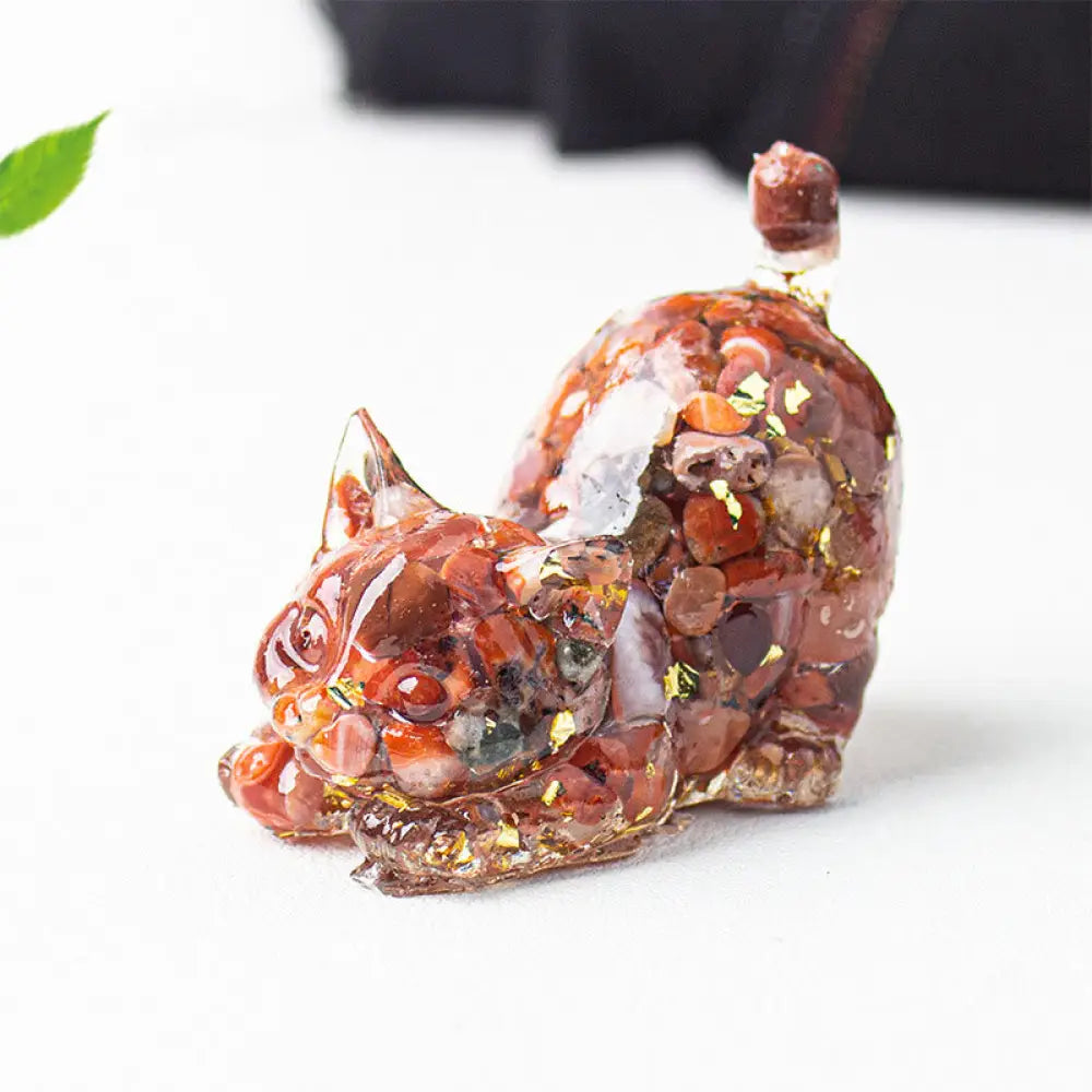 Buddha Stones Stretching Cat Resin Crystal Gravel Meditation Decoration - Red Agate / 4.5*3*4.2cm - Decorations