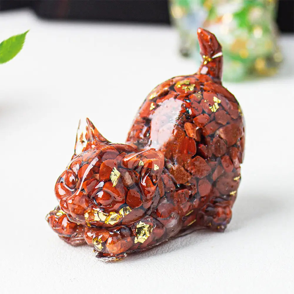 Buddha Stones Stretching Cat Resin Crystal Gravel Meditation Decoration - Red Jasper / 4.5*3*4.2cm - Decorations