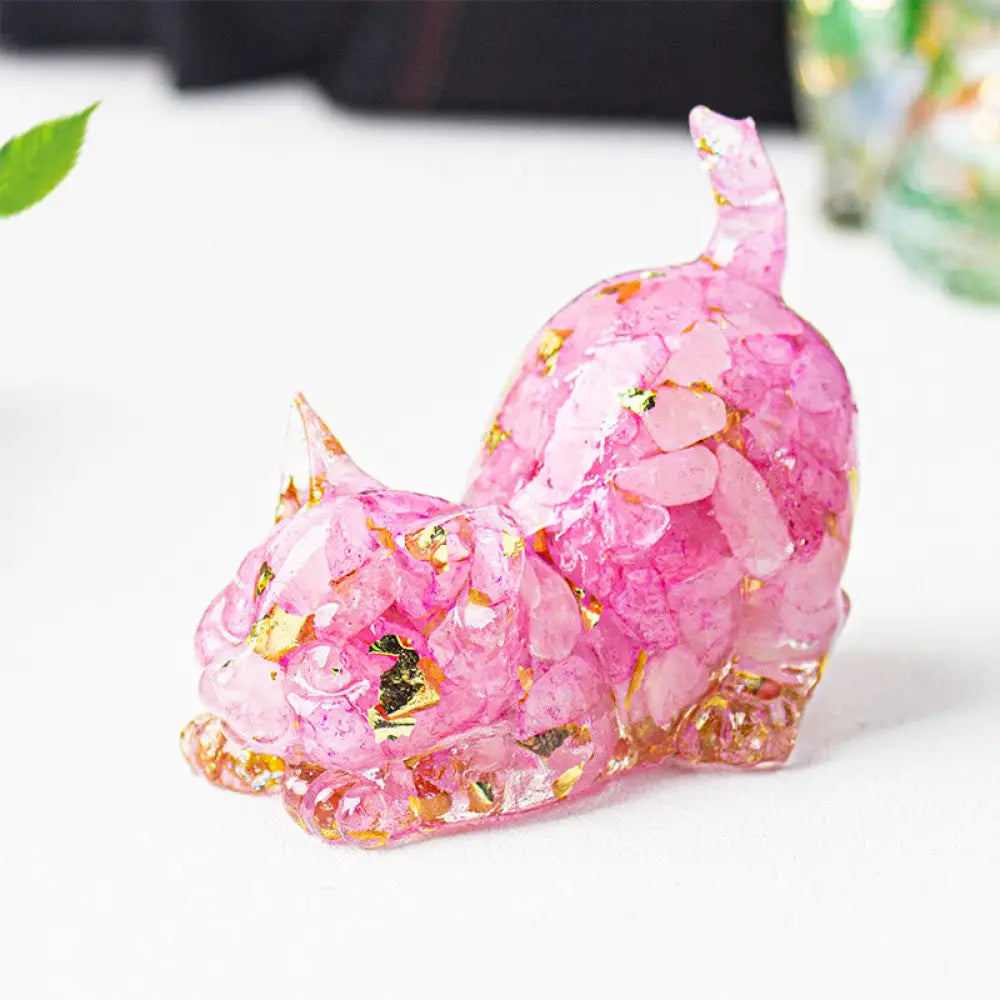 Buddha Stones Stretching Cat Resin Crystal Gravel Meditation Decoration - Rose Quartz / 4.5*3*4.2cm - Decorations