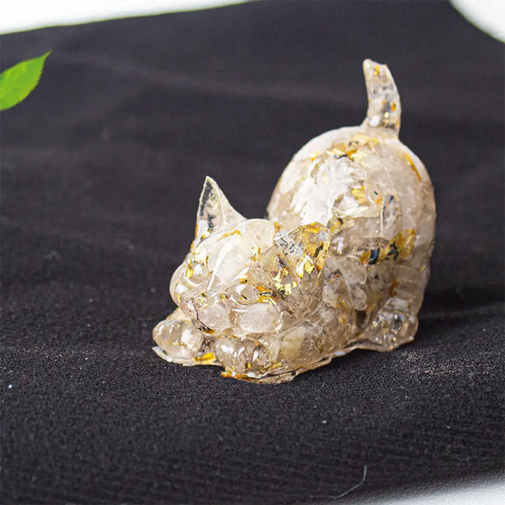 Buddha Stones Stretching Cat Resin Crystal Gravel Meditation Decoration - Rutilated Quartz / 4.5*3*4.2cm - Decorations