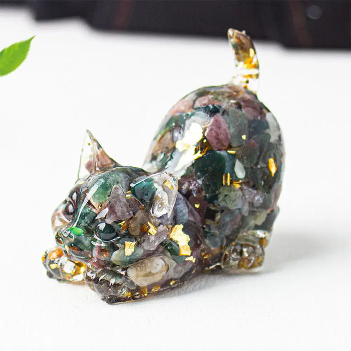 Buddha Stones Stretching Cat Resin Crystal Gravel Meditation Decoration - Sea-Sediment-Jasper / 4.5*3*4.2cm