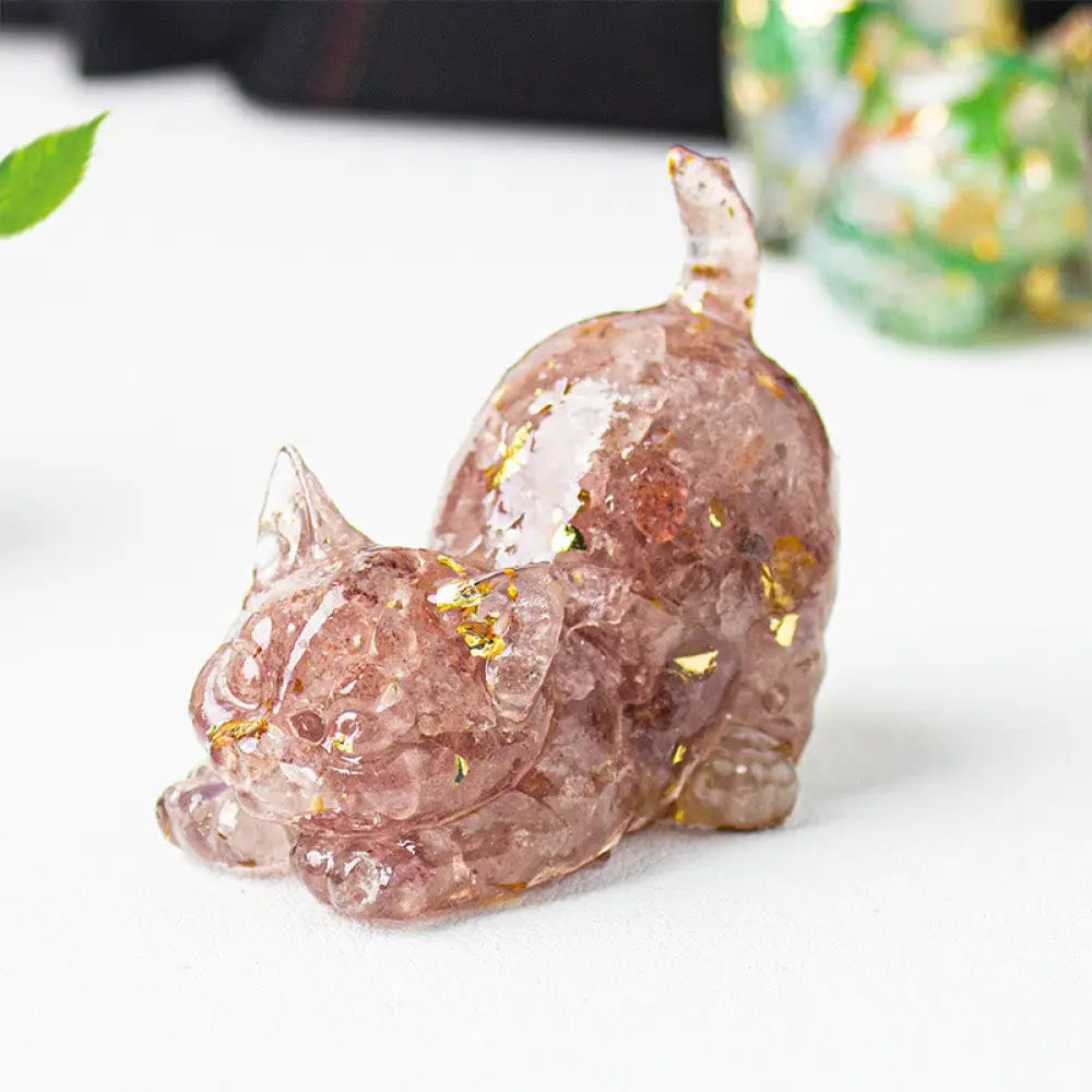 Buddha Stones Stretching Cat Resin Crystal Gravel Meditation Decoration - Strawberry Quartz / 4.5*3*4.2cm - Decorations