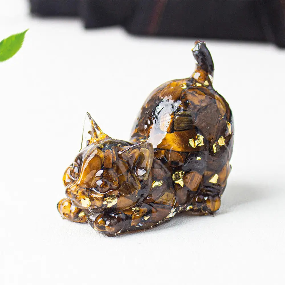 Buddha Stones Stretching Cat Resin Crystal Gravel Meditation Decoration - Tiger’s Eye / 4.5*3*4.2cm - Decorations