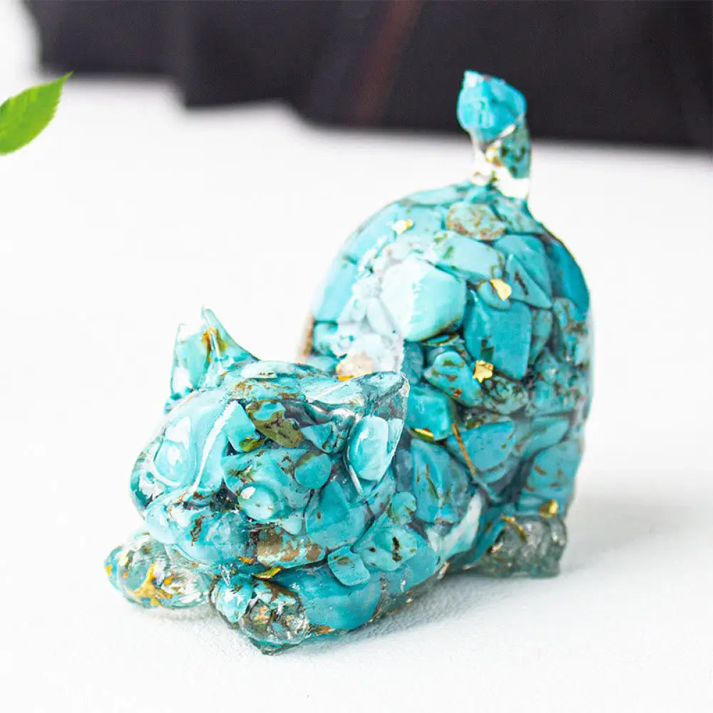 Buddha Stones Stretching Cat Resin Crystal Gravel Meditation Decoration - Turquoise / 4.5*3*4.2cm - Decorations
