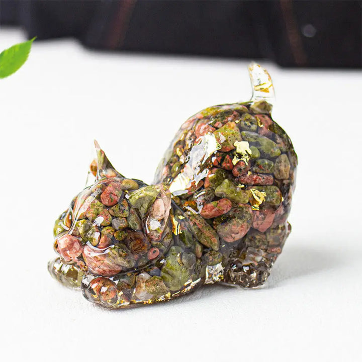 Buddha Stones Stretching Cat Resin Crystal Gravel Meditation Decoration - Unakite / 4.5*3*4.2cm - Decorations