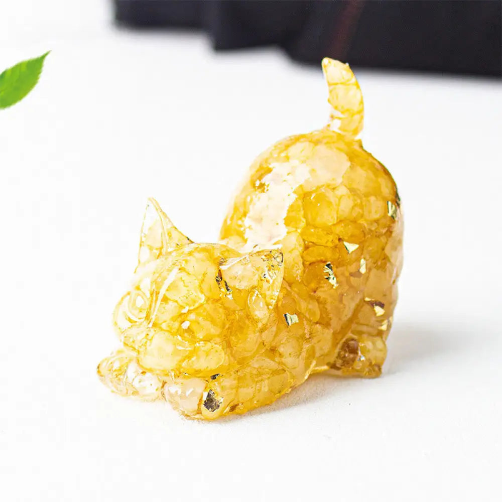 Buddha Stones Stretching Cat Resin Crystal Gravel Meditation Decoration - Yellow Agate / 4.5*3*4.2cm - Decorations