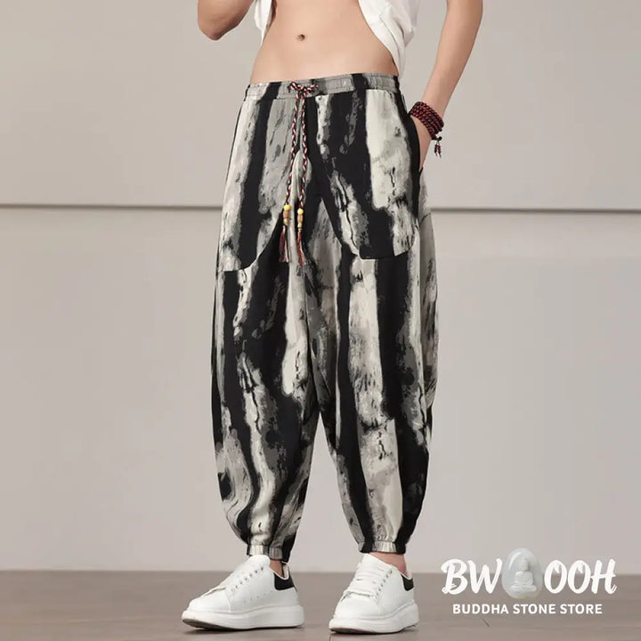 Buddha Stones Stripe Pattern Drawstring Men’s Harem Pants With Pockets - Men’s Harem Pants