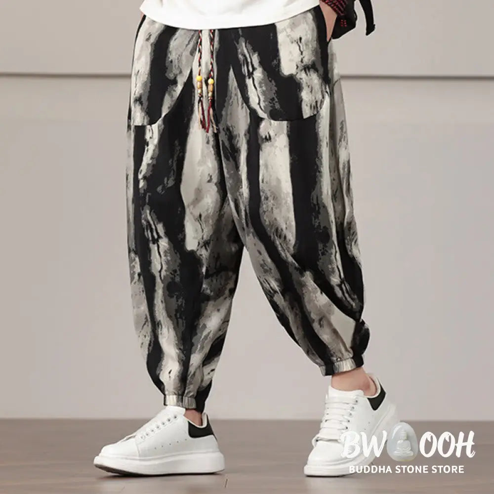 Buddha Stones Stripe Pattern Drawstring Men’s Harem Pants With Pockets - Men’s Harem Pants