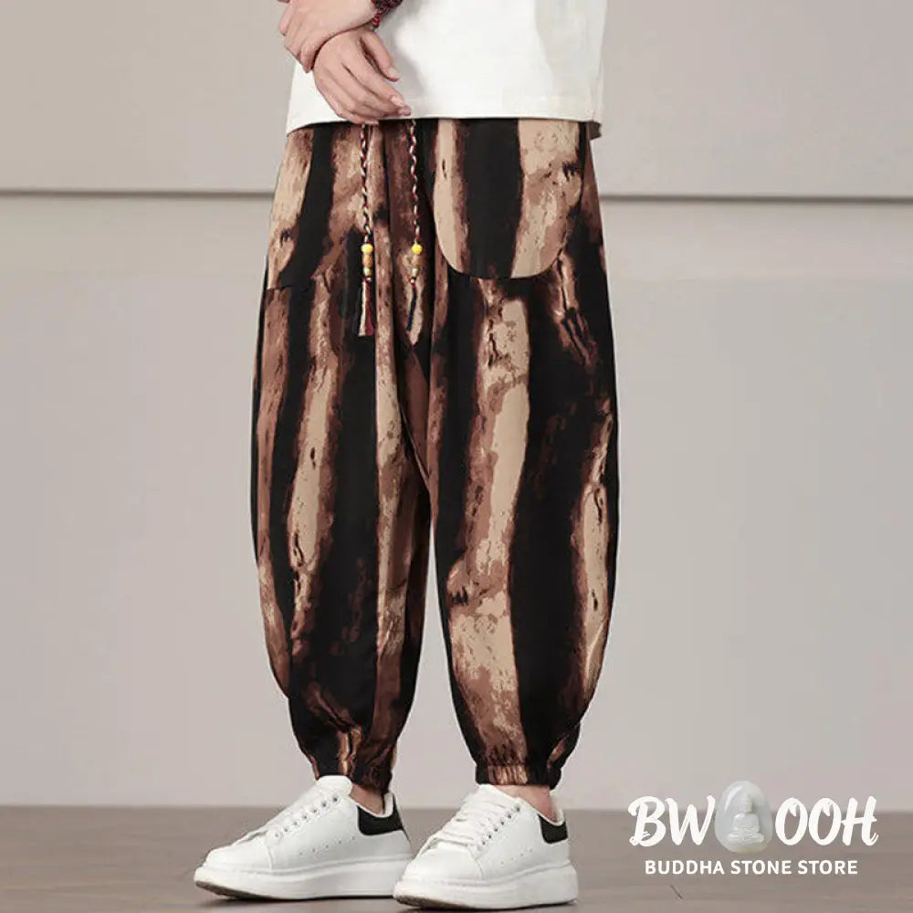 Buddha Stones Stripe Pattern Drawstring Men’s Harem Pants With Pockets - Men’s Harem Pants