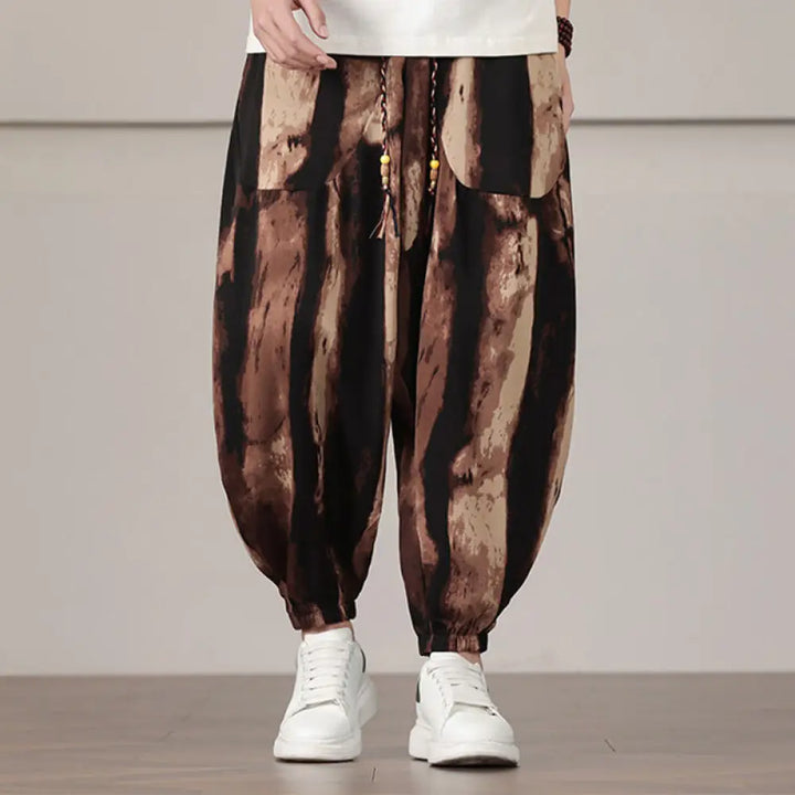Buddha Stones Stripe Pattern Drawstring Men’s Harem Pants With Pockets - SaddleBrown / US/UK/AU36，EU46 (L) - Men’s