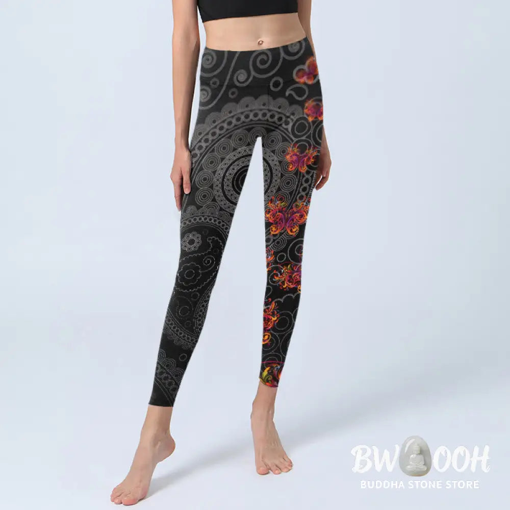 Buddha Stones Strong Contrast Flower Paisley Pattern Gym Leggings Women&
