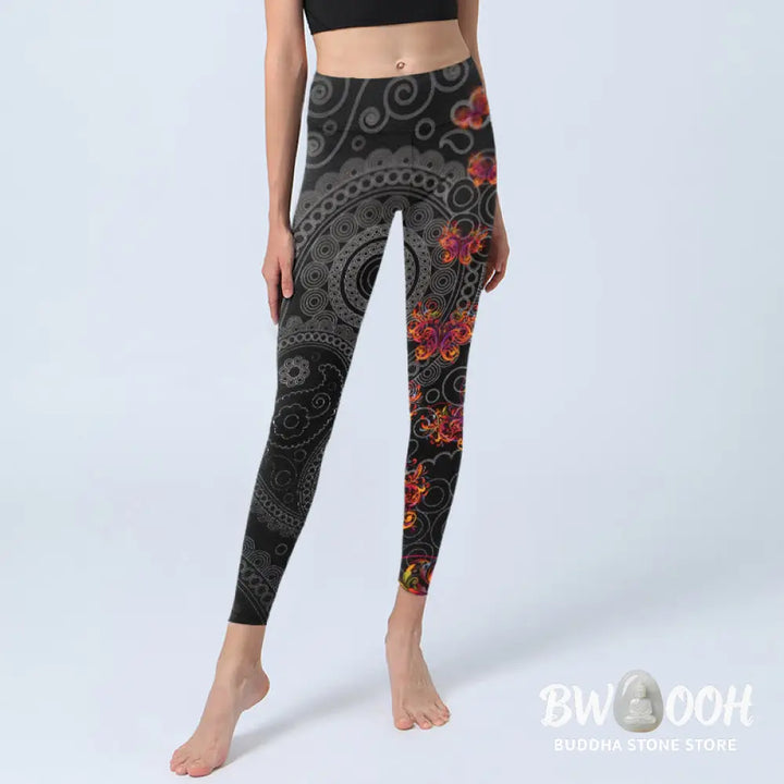 Buddha Stones Strong Contrast Flower Paisley Pattern Gym Leggings Women&