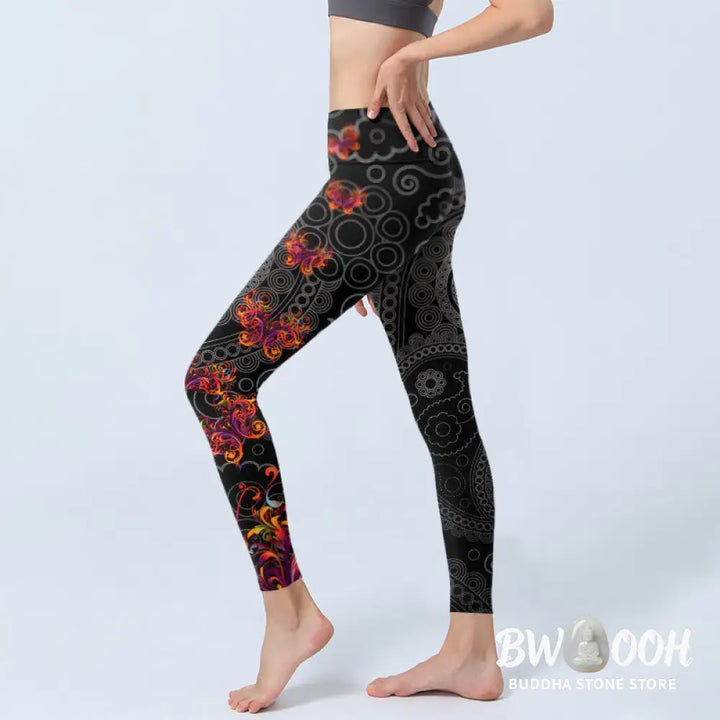 Buddha Stones Strong Contrast Flower Paisley Pattern Gym Leggings Women&