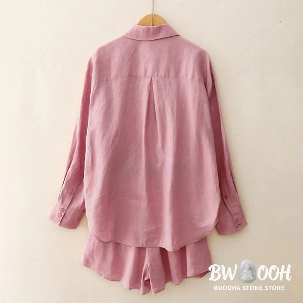 Buddha Stones Summer 2pcs Plain Long Sleeve Shirt Top Cardigan Shorts Meditation Clothing Women’s Set With Pockets