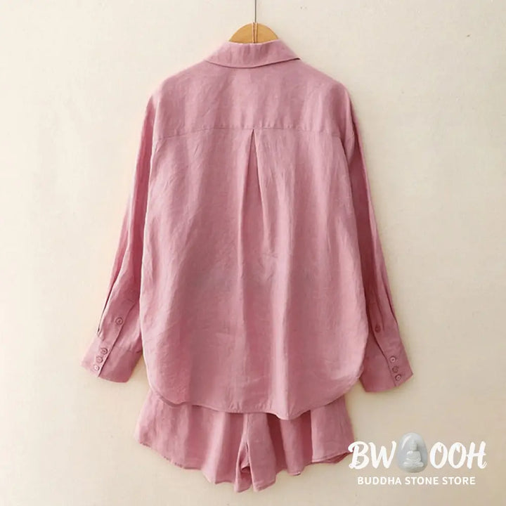 Buddha Stones Summer 2pcs Plain Long Sleeve Shirt Top Cardigan Shorts Meditation Clothing Women’s Set With Pockets