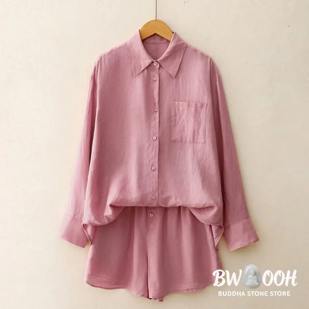 Buddha Stones Summer 2pcs Plain Long Sleeve Shirt Top Cardigan Shorts Meditation Clothing Women’s Set With Pockets