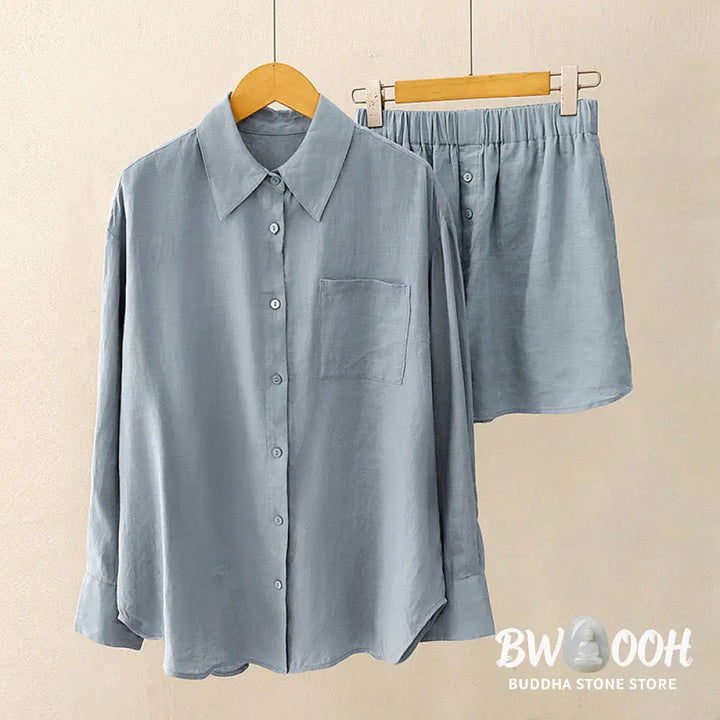 Buddha Stones Summer 2pcs Plain Long Sleeve Shirt Top Cardigan Shorts Meditation Clothing Women’s Set With Pockets