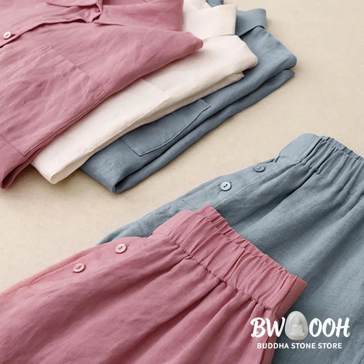 Buddha Stones Summer 2pcs Plain Long Sleeve Shirt Top Cardigan Shorts Meditation Clothing Women’s Set With Pockets