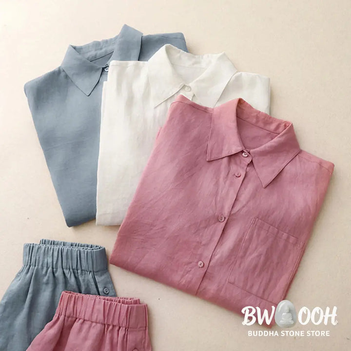 Buddha Stones Summer 2pcs Plain Long Sleeve Shirt Top Cardigan Shorts Meditation Clothing Women’s Set With Pockets