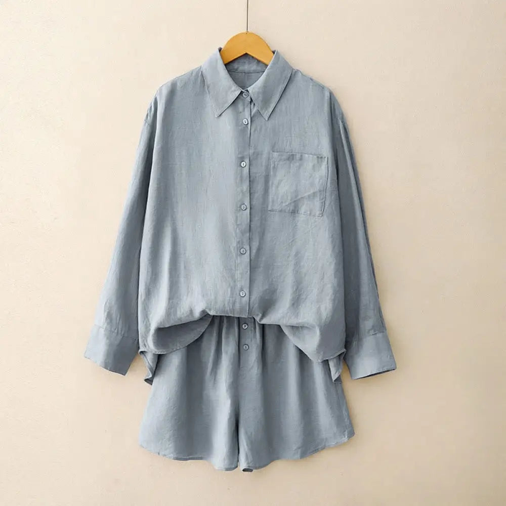 Buddha Stones Summer 2pcs Plain Long Sleeve Shirt Top Cardigan Shorts Meditation Clothing Women’s Set With Pockets