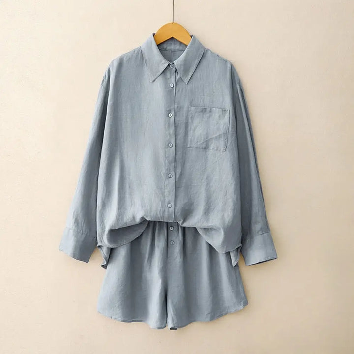 Buddha Stones Summer 2pcs Plain Long Sleeve Shirt Top Cardigan Shorts Meditation Clothing Women’s Set With Pockets