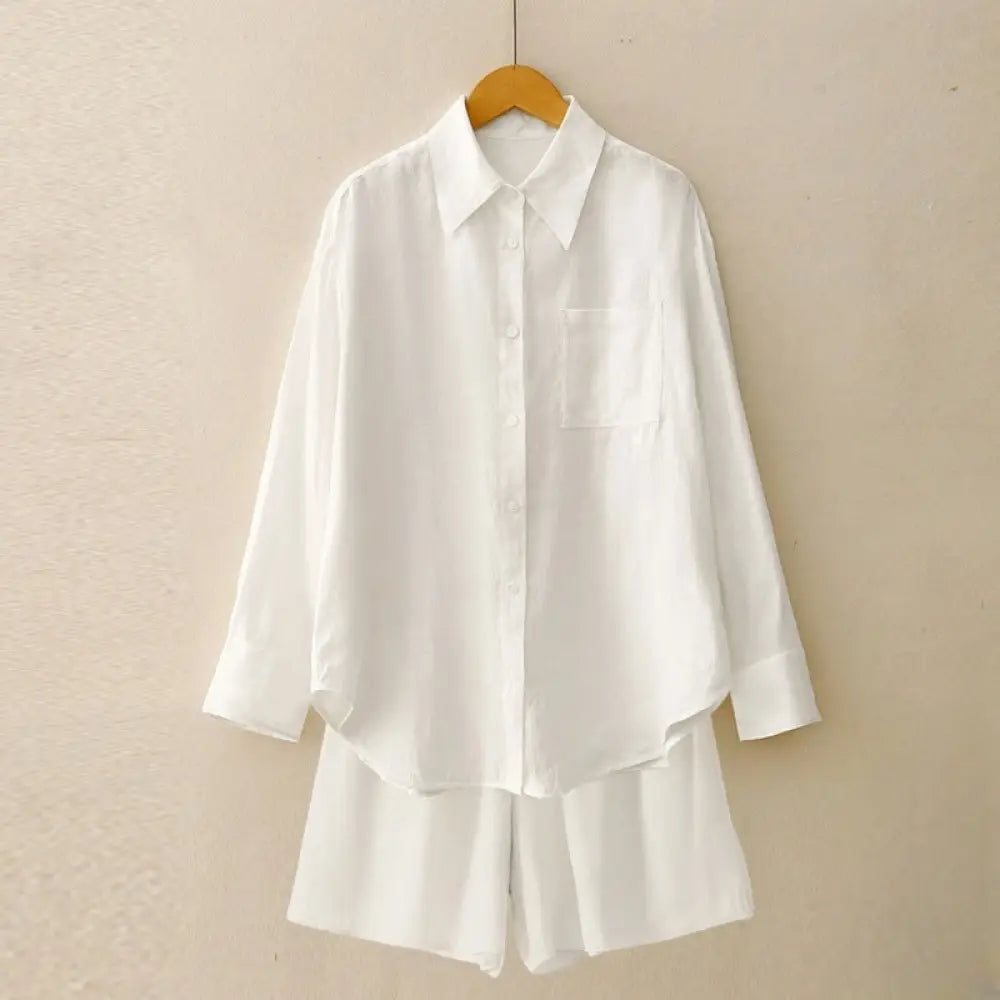 Buddha Stones Summer 2pcs Plain Long Sleeve Shirt Top Cardigan Shorts Meditation Clothing Women’s Set With Pockets