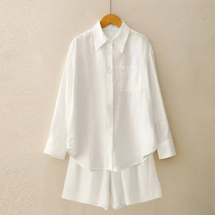 Buddha Stones Summer 2pcs Plain Long Sleeve Shirt Top Cardigan Shorts Meditation Clothing Women’s Set With Pockets