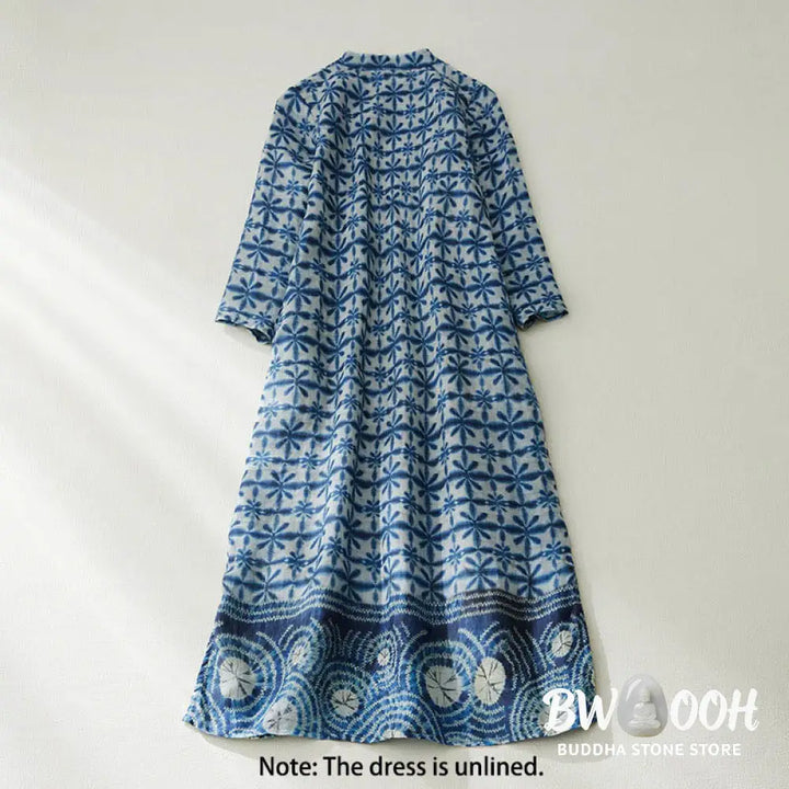 Buddha Stones Summer Blue Floral Stripes Circular Shape Stand Collar Design Short Sleeve Midi Dress With Pockets - Midi