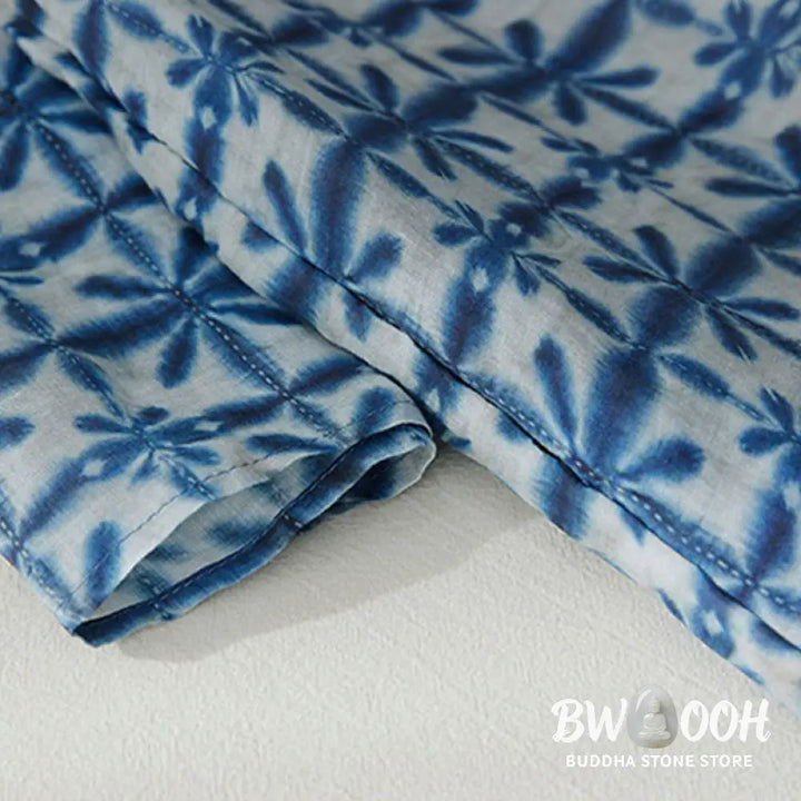 Buddha Stones Summer Blue Floral Stripes Circular Shape Stand Collar Design Short Sleeve Midi Dress With Pockets - Midi