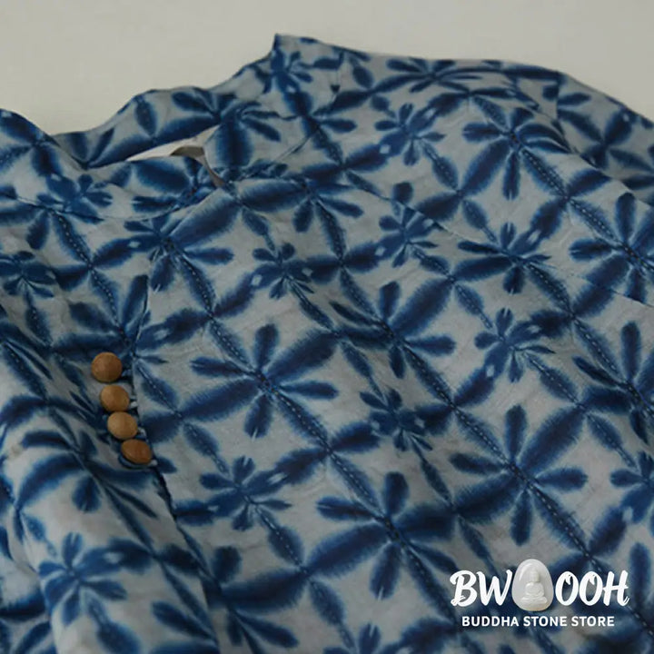 Buddha Stones Summer Blue Floral Stripes Circular Shape Stand Collar Design Short Sleeve Midi Dress With Pockets - Midi