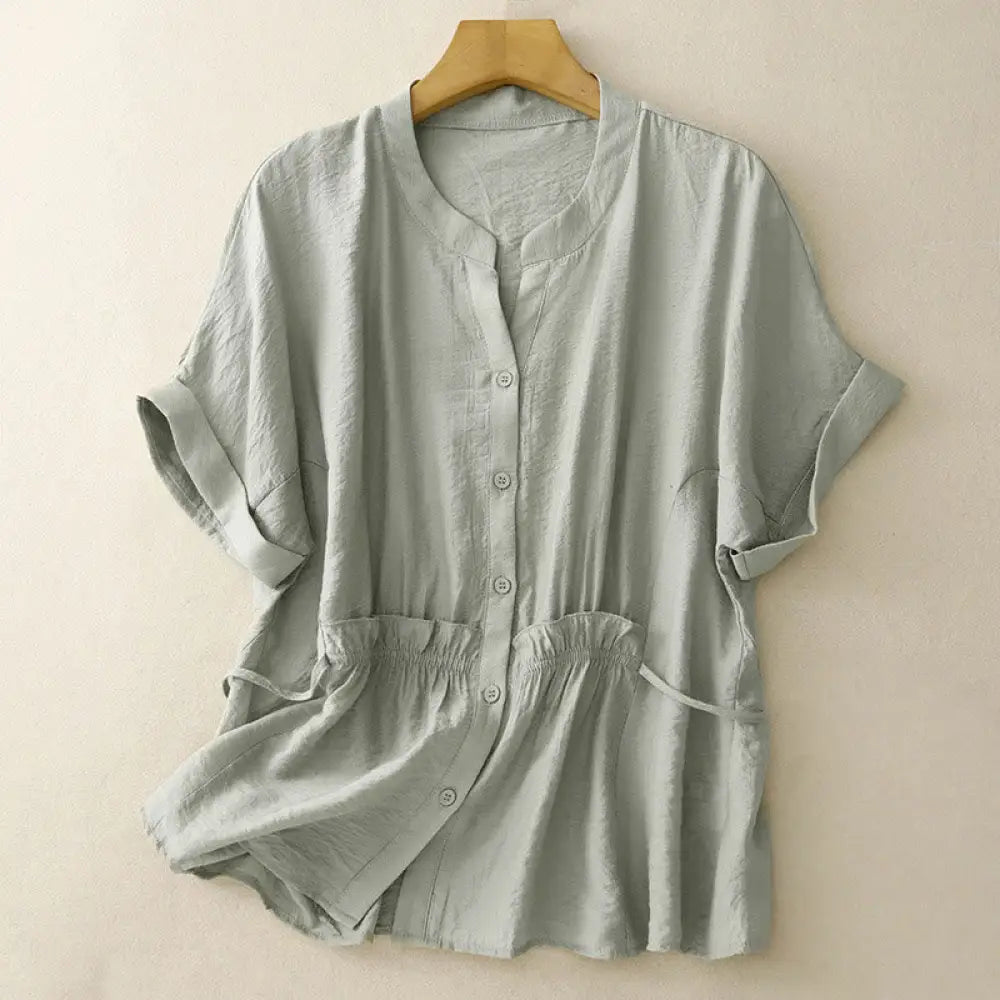 Buddha Stones Summer Button Lace-up Short Sleeve Women’s Cotton Shirt - DarkSeaGreen / US4，UK/AU8，EU36 (L) - Women’s