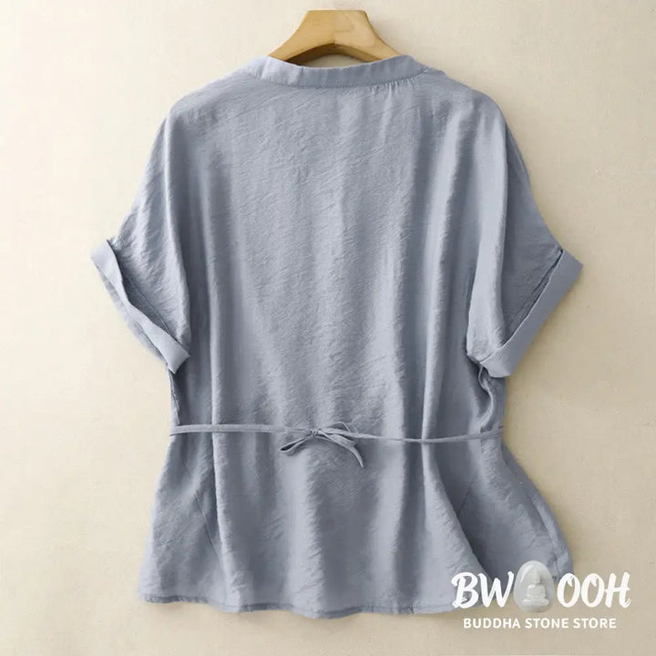Buddha Stones Summer Button Lace-up Short Sleeve Women’s Cotton Shirt - Women’s Shirts