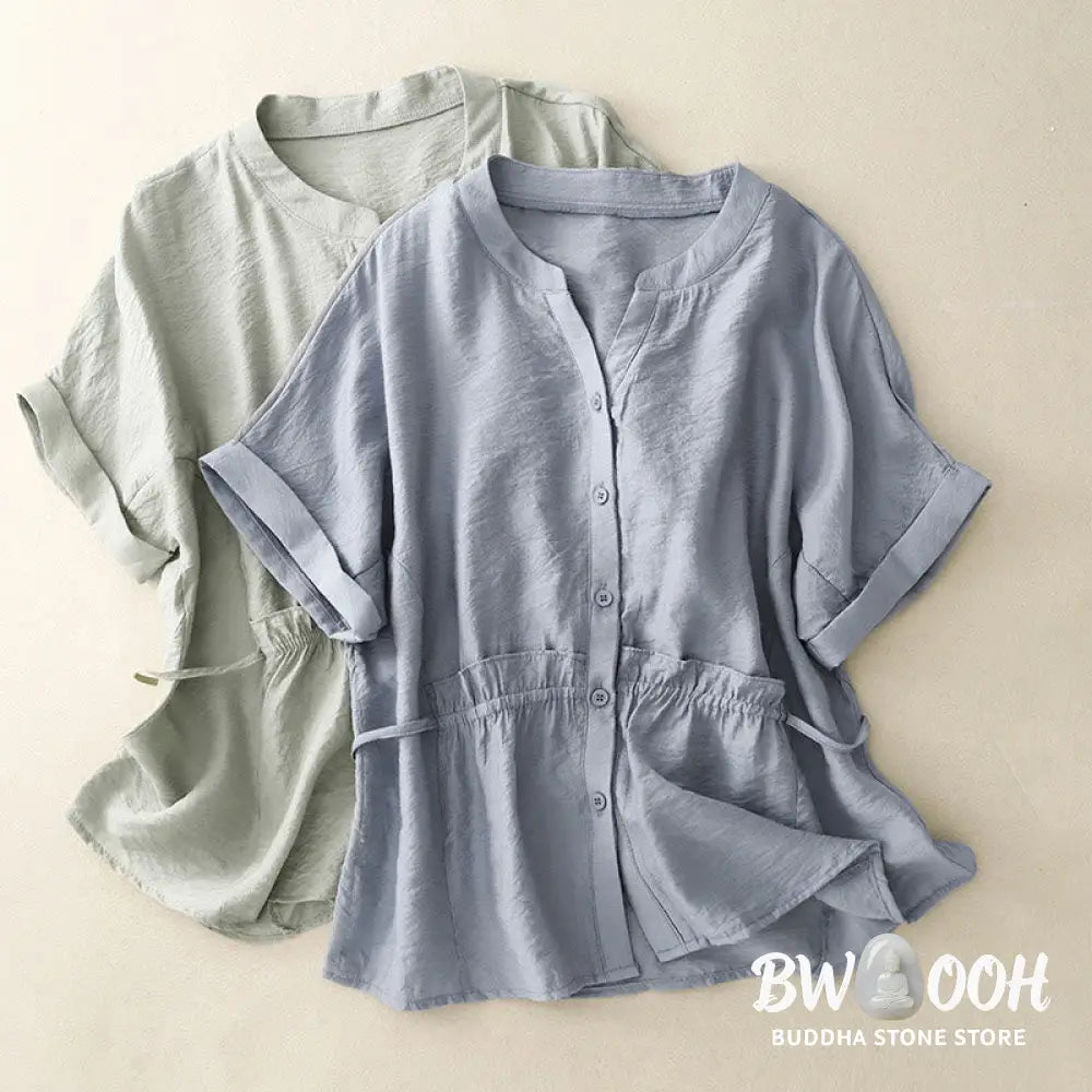 Buddha Stones Summer Button Lace-up Short Sleeve Women’s Cotton Shirt - Women’s Shirts