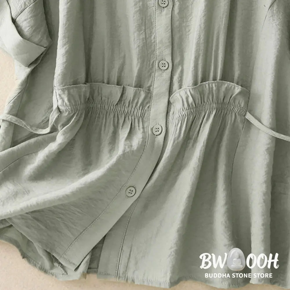 Buddha Stones Summer Button Lace-up Short Sleeve Women’s Cotton Shirt - Women’s Shirts