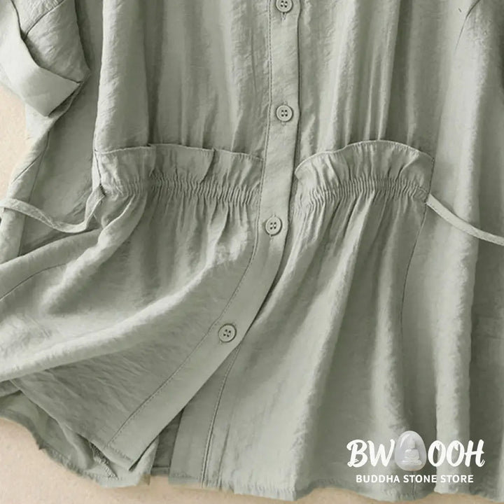 Buddha Stones Summer Button Lace-up Short Sleeve Women’s Cotton Shirt - Women’s Shirts