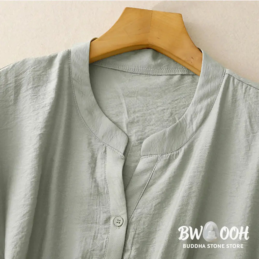 Buddha Stones Summer Button Lace-up Short Sleeve Women’s Cotton Shirt - Women’s Shirts